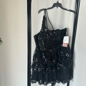 Stacees Black Sequin Evening Dress